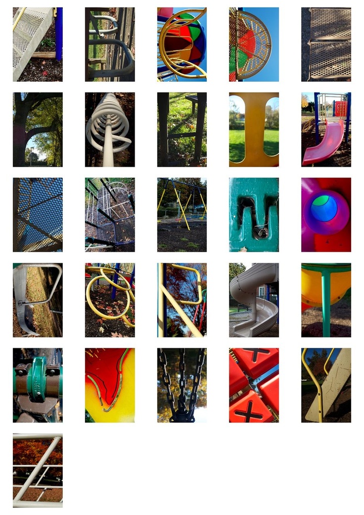 multiple pictures of different types of playground equipment in various colors and sizes, including one with an upside down slide