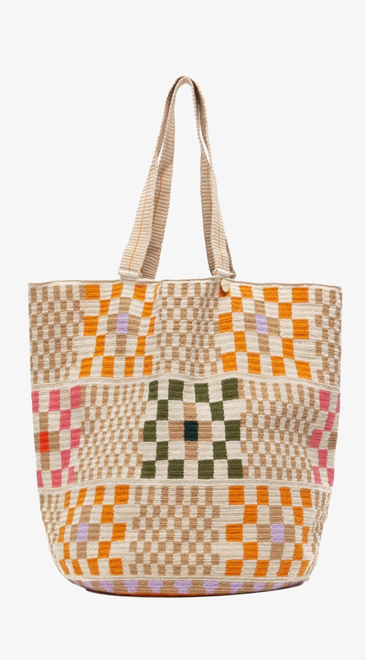 Guanabana's classic tote bag has transformed the classic shopping bag with eye-catching geometric designs and vibrant hues, giving it a unique chic and bohemian vibe. Designed in Madrid and expertly hand-woven by Wayuu artisans in Colombia, this bag features a loose knit and a long, comfortable strap, making it a go-to accessory. The result is a versatile unisex bag that you'll find indispensable. The artisans weave the bases using their designs, so each base is unique and works as their tradema Artisan Rectangular Beach Bag With Braided Handles, Modern Rectangular Bags For Market, Square Woven Bucket Bag For Shopping, Beige Square Straw Bag For Market, Artisan Rectangular Beach Bag For Shopping, Square Beige Straw Bag For Market, Bohemian Bag With Braided Handles For Shopping, Bohemian Bags With Braided Handles For Shopping, Artisan Rectangular Shopping Bags