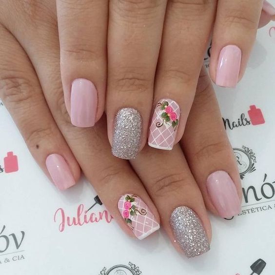 ARTE COM QUIANE - Paps e Moldes de Artesanato : 20 inspirações de Unhas Decoradas combinação Rosa e Cinza Unghie Nail Art, Pink Nail Art, Best Nail Art Designs, Trendy Nail Art, Pretty Nail Art, Floral Nails, Gorgeous Nails, Love Nails, Trendy Nails