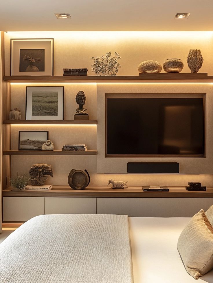 there is a television on the wall in this bedroom with built - in bookshelves