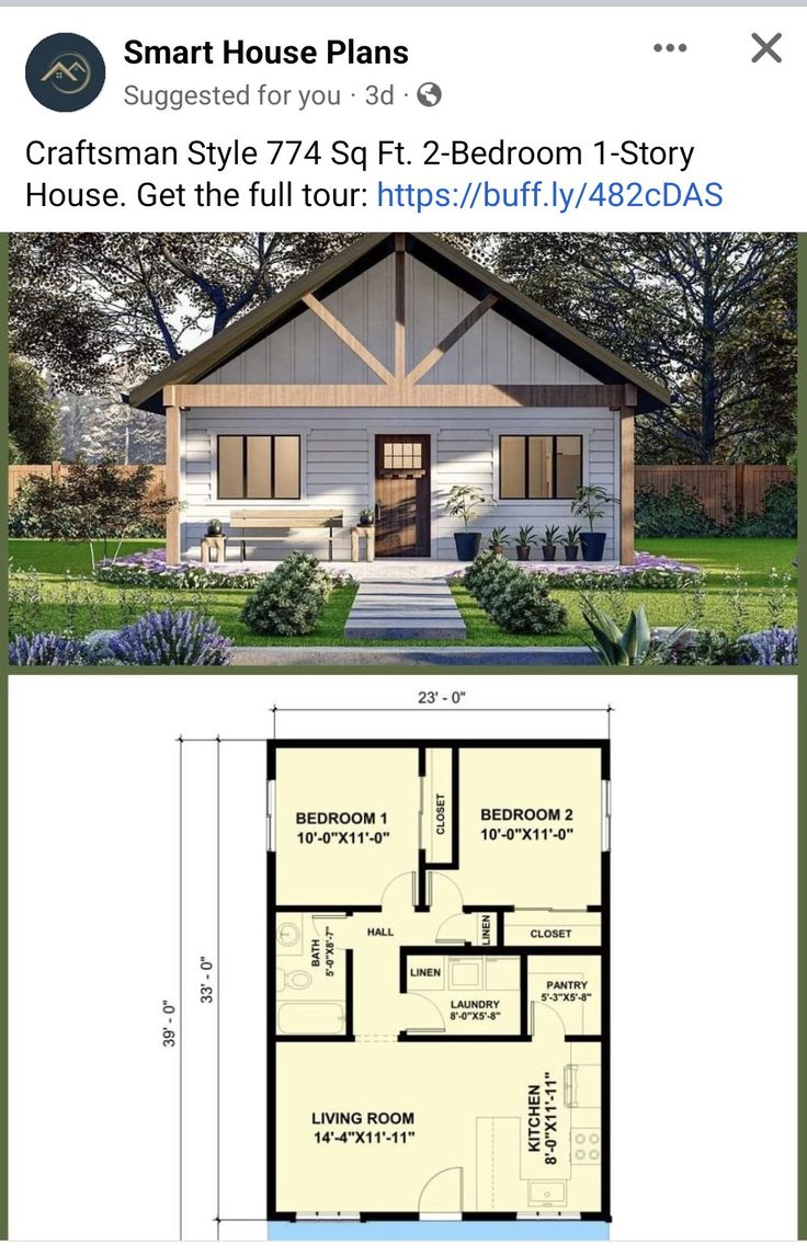 the small house plan is shown with measurements for each floor and one bedroom, two bathrooms