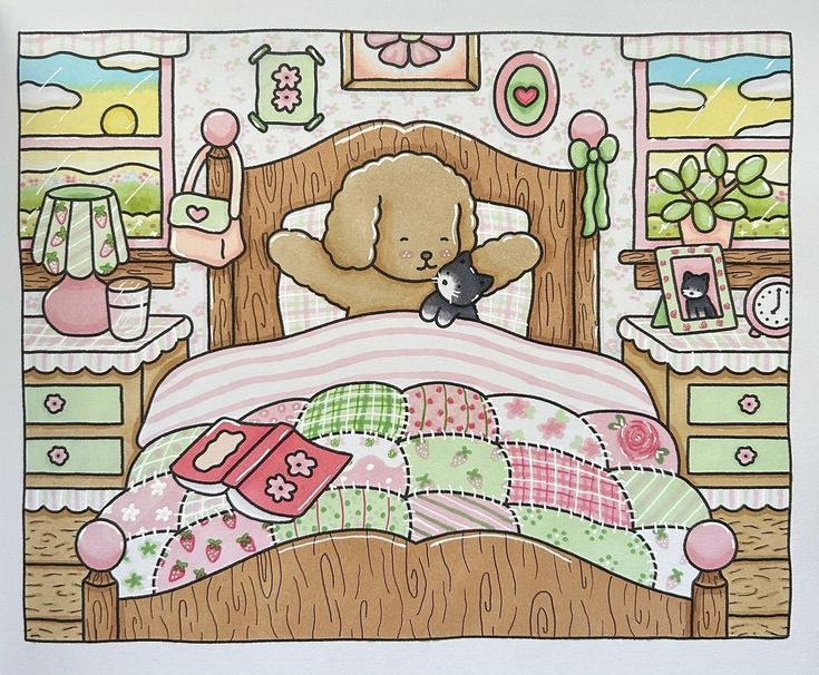 a drawing of a teddy bear laying on a bed in a room with furniture and decor