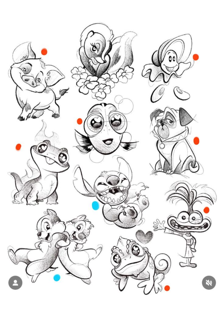 some cartoon animals that are drawn in pencil and ink on paper, each with different expressions