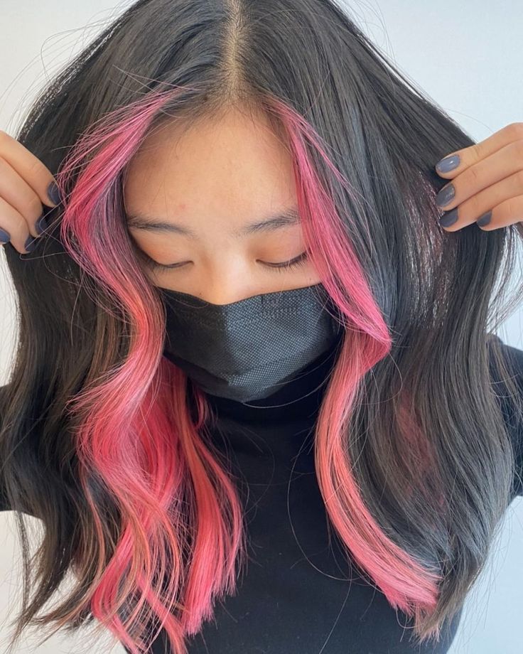 Mila | Montreal Hair Colorist on Instagram: “Pink face frame x peekaboo” Pink Face Frame Hair, Peekaboo Pink Hair, Brown Hair With Pink Highlights, Pink Peekaboo Highlights, Pink Peekaboo Hair, Pink Peekaboo, Peekaboo Hair Colors, Face Framing Hair, Peekaboo Highlights