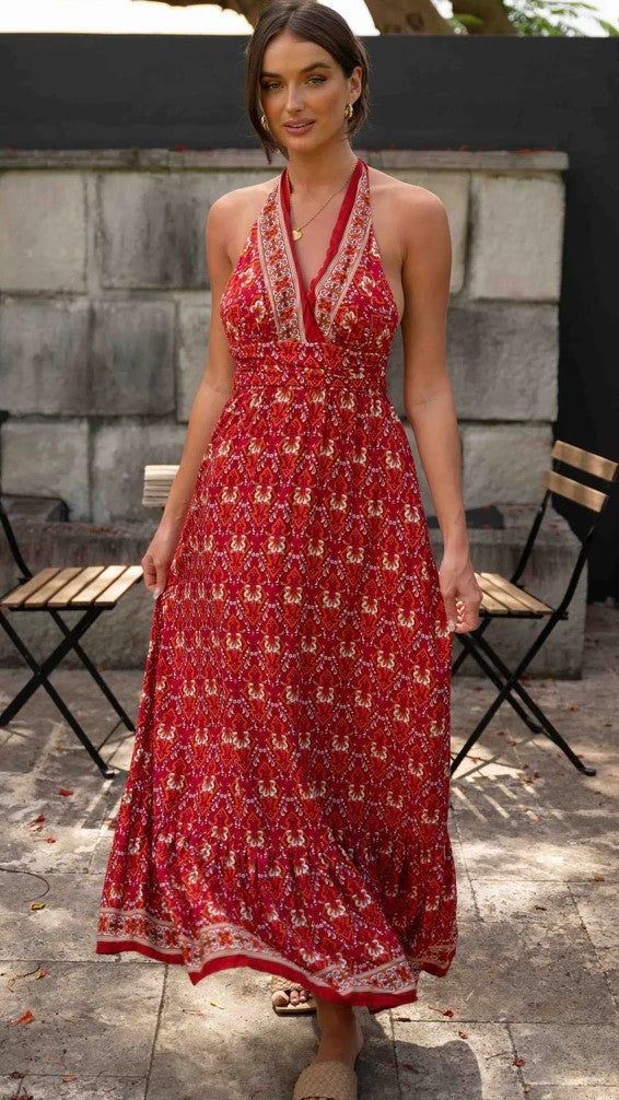 Details: Halter neckline Boho floral print Backless Midi dress FIT:Regular fit Non-Stretch through fabricStandard sizingCotton&PolyesterSize Available: Size Length Bust inch cm inch cm S 47.2 120 33 84 M 47.7 121 34.6 88 L 48 122 36.2 92 XL 48.4 123 37.8 96 Stretch Floral Print Backless Dress, Fitted Paisley Print Maxi Dress With V-neck, Fitted Sleeveless Patterned Maxi Dress, Stretch Floral Print Midi Maxi Dress, Red Printed V-neck Sundress, Fitted Halter Neck Floral Dress, Red Bohemian Floral Dress For The Beach, Fitted Boho Print Dress For Vacation, Bohemian Fitted Floral Printed Dress