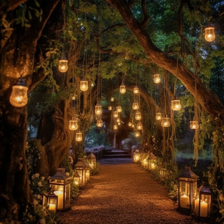 lanterns are hanging from the trees and lit up at night