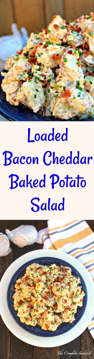 loaded bacon cheddar baked potato salad on a blue plate with fork and knife