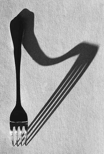 a black and white photo of a fork casting a shadow