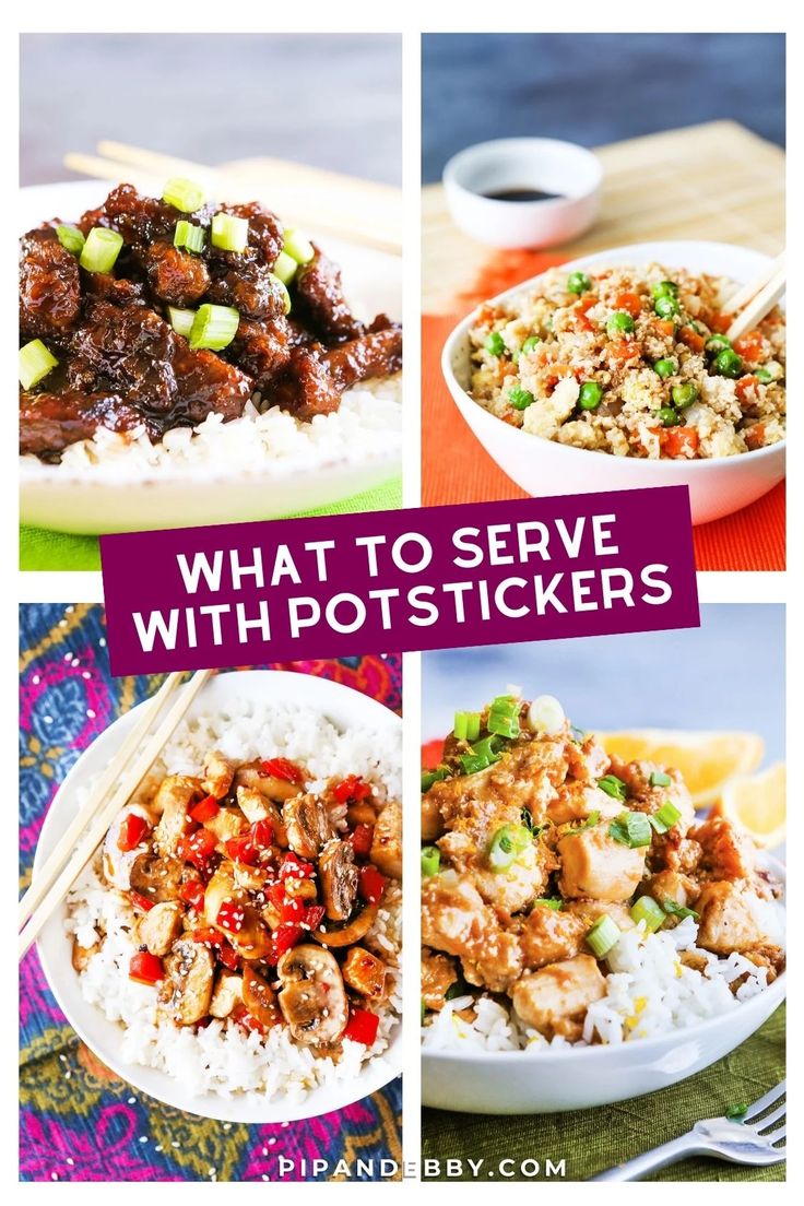 Pinterest collage of 4 photos with text overlay what to serve with potstickers. Potstickers Dinner Ideas, Meal With Potstickers, Sides For Potstickers, Potsticker Meal Dinners, Potstickers Meal Ideas, Potstickers And Rice, Pot Stickers Meal Ideas, Meals With Potstickers, Pot Sticker Meal Ideas