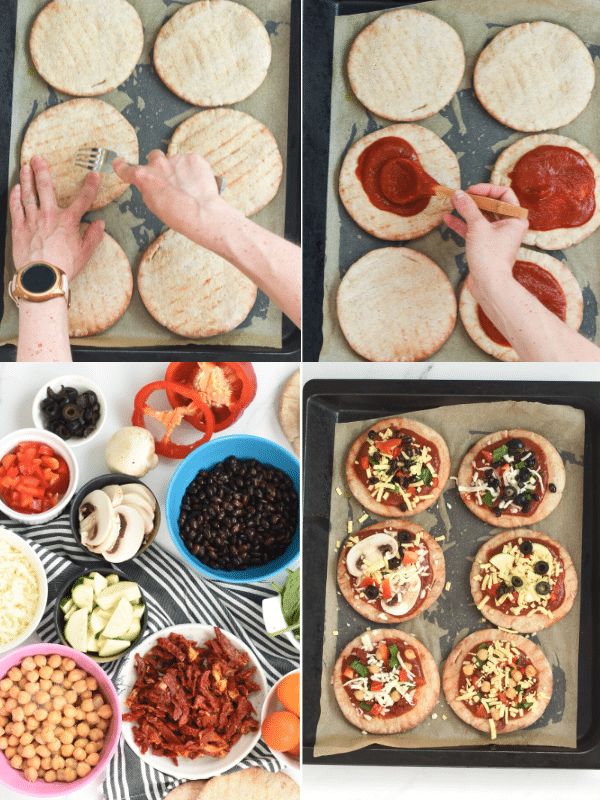 the process of making homemade pizzas is shown here