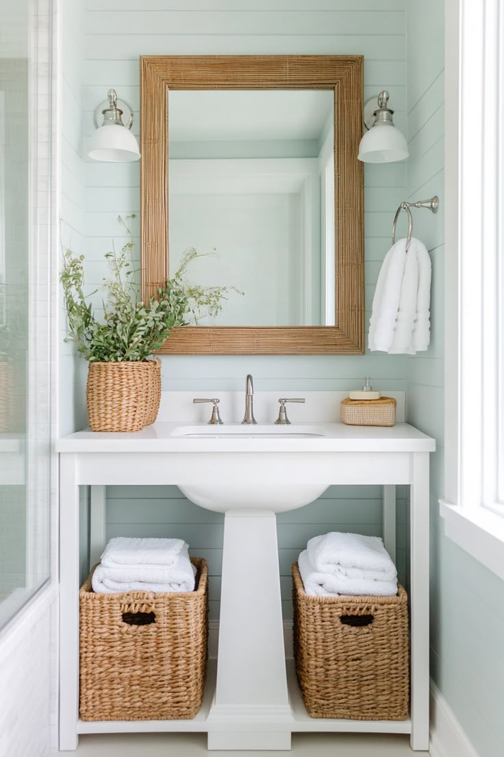 a white sink sitting under a bathroom mirror next to a basket filled with toiletries