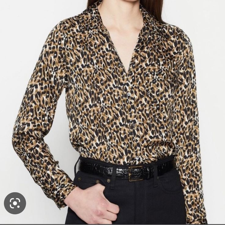 Nwt Equipment Green Leopord Blouse Small Elegant Leopard Print Blouse For Fall, Fitted Leopard Print Blouse For Work, Chic Leopard Print Tops For Work, Elegant V-neck Leopard Print Top, Leopard Print Long Sleeve Top For Work, Silk Tee, Printed Silk Shirt, Printed Silk Blouses, Eyelet Blouse