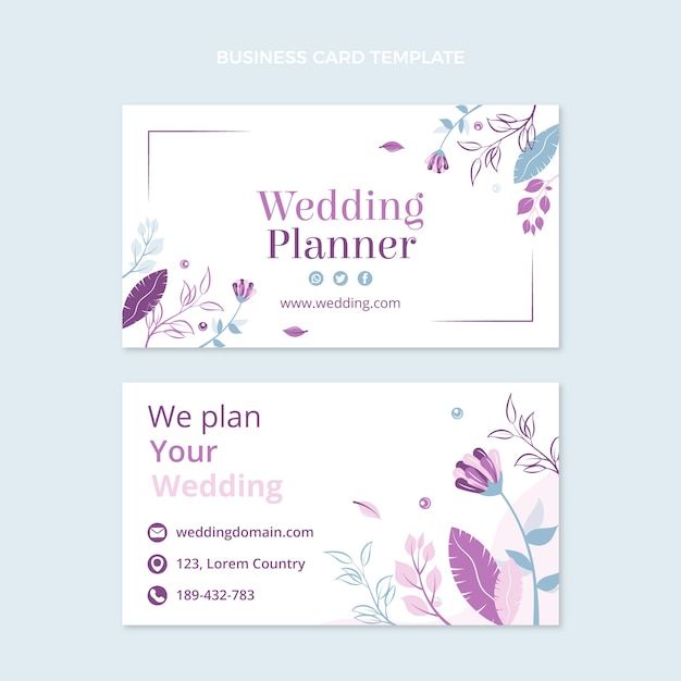 a wedding planner business card with flowers and leaves on the front, in purple tones