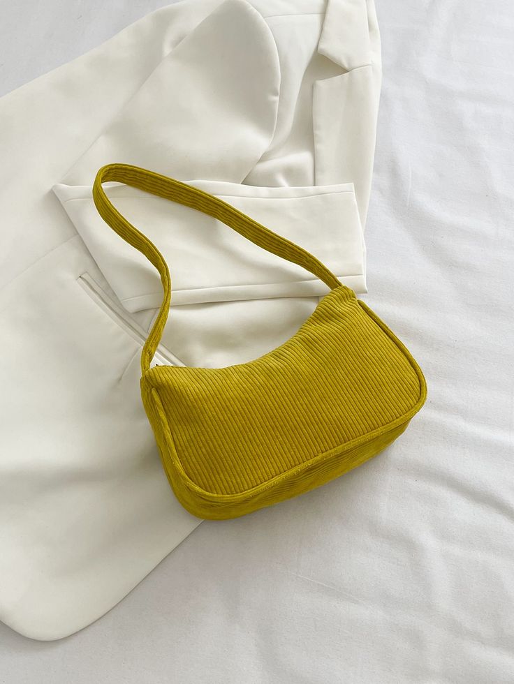 Mustard Yellow Preppy Collar  Corduroy Plain Baguette Bag Embellished   Women Bags Envelope Purse, Style Preppy, Chubby Fashion, Sac Diy, Baguette Bag, Word Wrap, Polyester Material, Color Khaki, Mustard Yellow