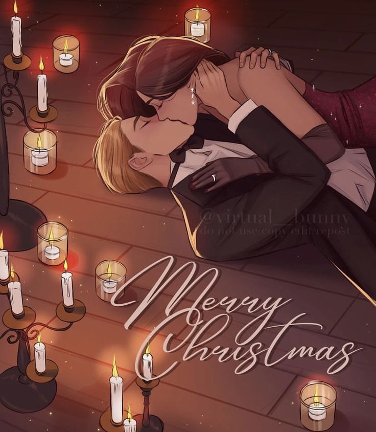 a man and woman kissing in front of candles with merry christmas written on the wall