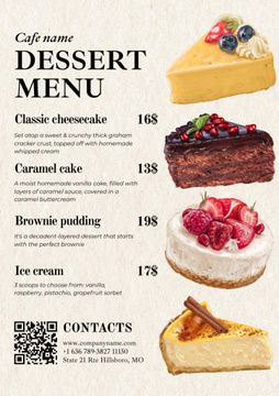 the dessert menu is shown with different types of cakes