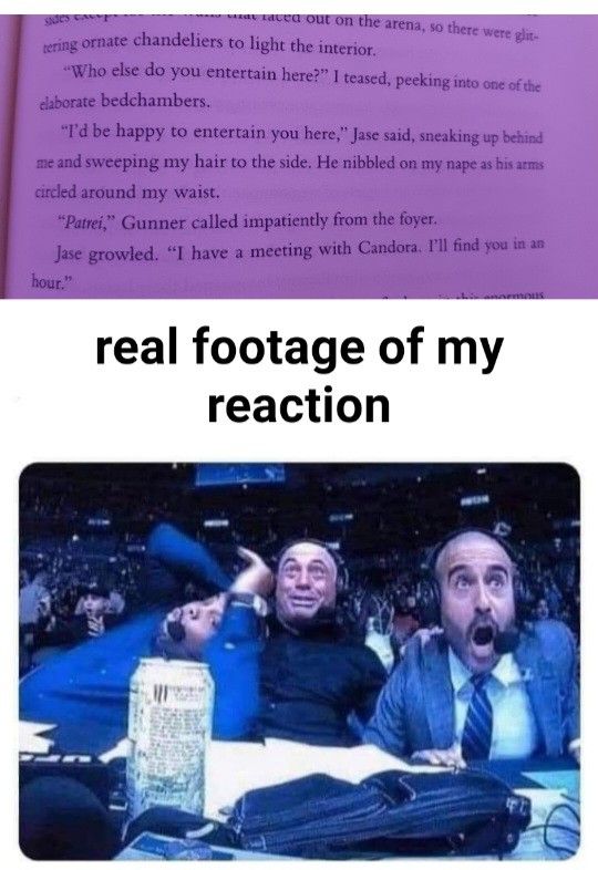 two men sitting at a table in front of a book with the caption real fotage of my reaction