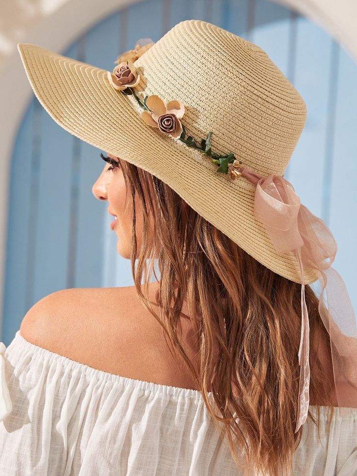 Straw Hat With Flowers #fashion #NewArrivals #popular #BohoChic #pomonaandpeach #fresh #boho Womens Beach Sun Hat, Cool Hats Beach, Boho Hat With Flowers, Boho Party Hat, Boho Hats For Women Summer, Summer Beach Hat, Kentucky Derby Party Hats, Aesthetic Hats, Airbnb Photography