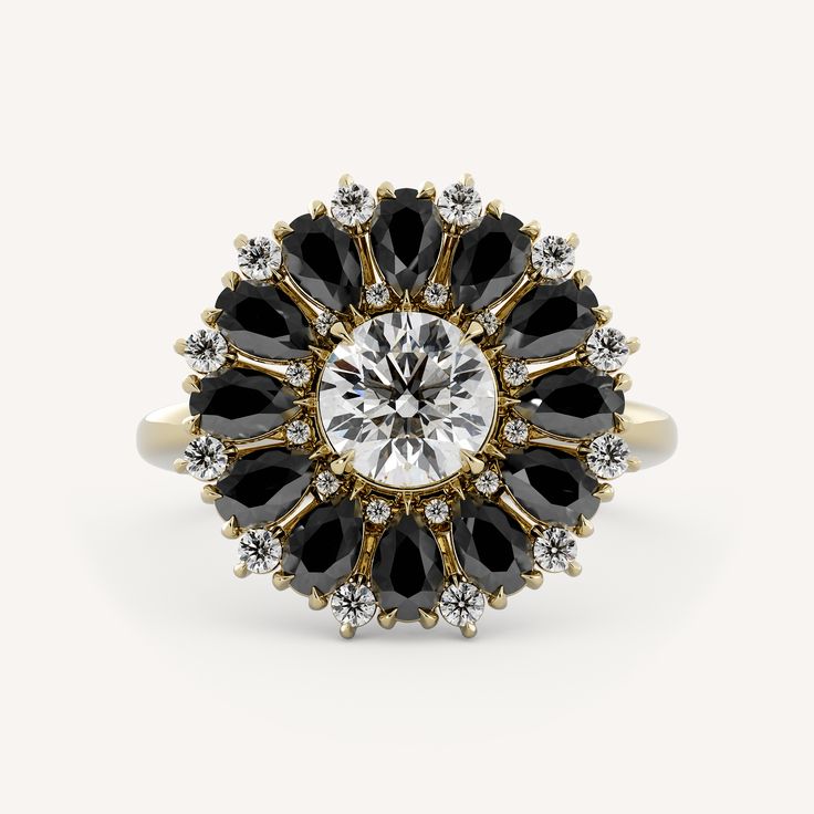 Winona features a round center stone with a bold halo made of black spinel and diamond stones in a basket setting on a half round shank. Olive Avenue Jewelry, Cute Engagement Rings, Basket Setting, Ring Ideas, Antique Engagement Rings, Black Spinel, Dress Rings, Jewelry Companies, Brilliant Diamond