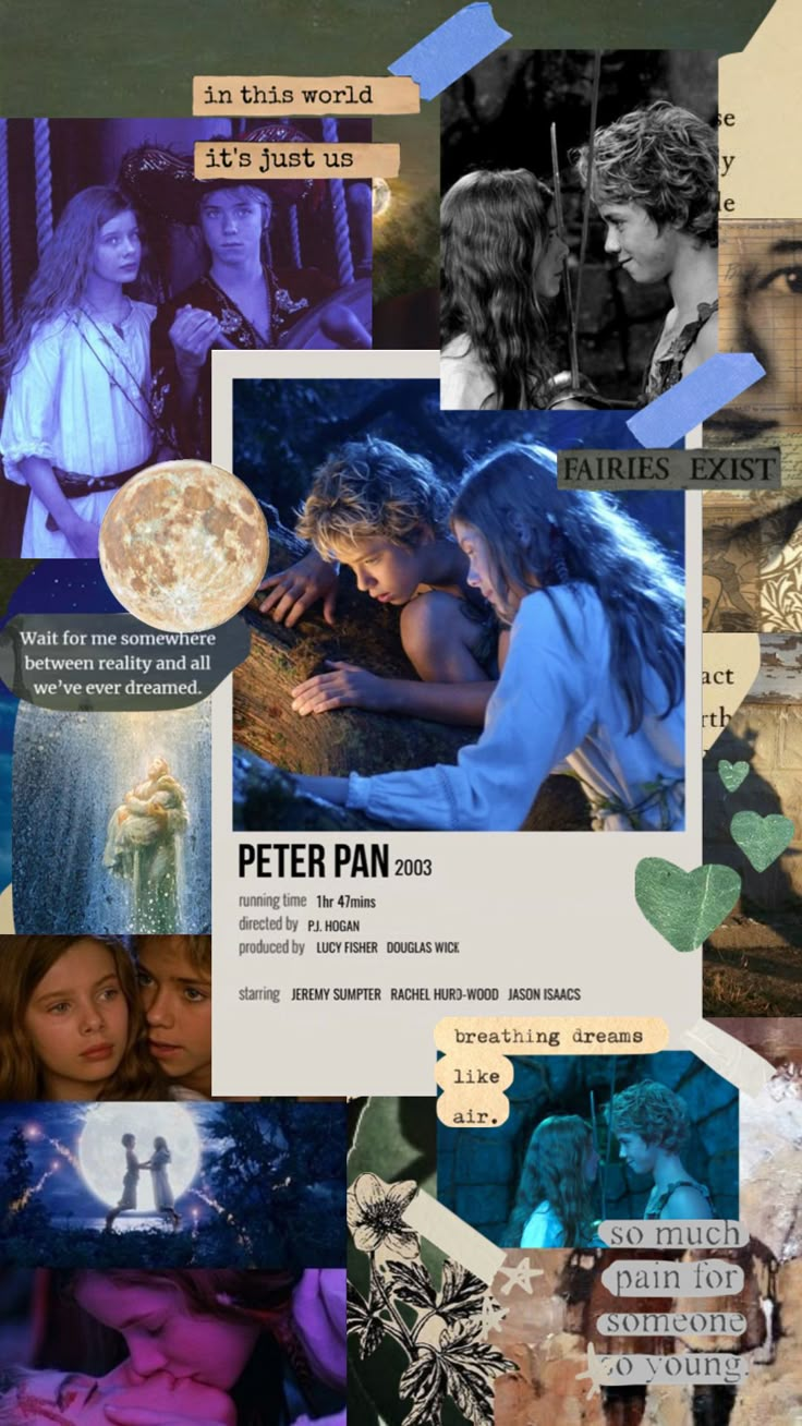 the collage has many different pictures and words on it, including an image of peter pan