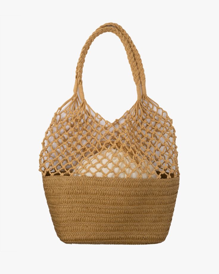 The Trellis Tote Bag is a handmade rope knitted bag. Each tote features a spacious interior that includes a detachable drawstring bag for added convenience. Sourced From Japan Basket Material: Paper Shoulder Strap Material: Cotton Drawstring Bag Widest Width (Flat): 15" Bottom 5" x 11" Handle - Bottom (Flat): 20" Product #: BIS9109 Code: NWS Braided Basket Shoulder Bag For Shopping, Braided Basket Bags For Shopping, Beige Braided Tote Shoulder Bag, Beige Braided Shopping Bag, Beige Braided Tote Bag, Beige Braided Bag For Shopping, Natural Braided Shoulder Bag With Double Handle, Natural Double Handle Braided Shoulder Bag, Beige Braided Bucket Tote Bag