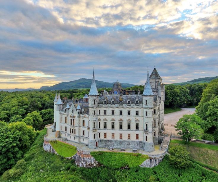 an aerial view of a castle surrounded by trees