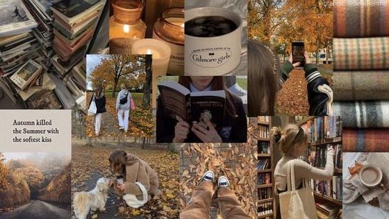 a collage of pictures with people, books and other things in the background that include pumpkins