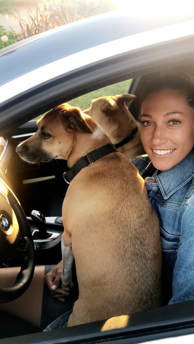 a woman sitting in a car with two dogs on her lap and smiling at the camera