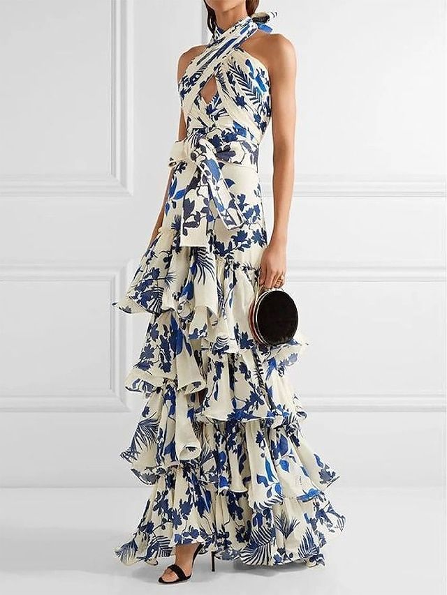 Women's Long Dress Maxi Dress Party Dress Homecoming Dress Cocktail Dress Print Classic Elegant Dress Party Outdoor Wedding Guest Ruffle Zipper Sleeveless Halter Dress Regular Fit Blue Summer S M L 2024 - $49.99 Sukienki Maksi, डिजाइनर कपड़े, Georgette Gown, Formal Wear Women, 파티 드레스, Womens Long Dresses, Skirt Maxi, Johanna Ortiz, Blue And White Dress