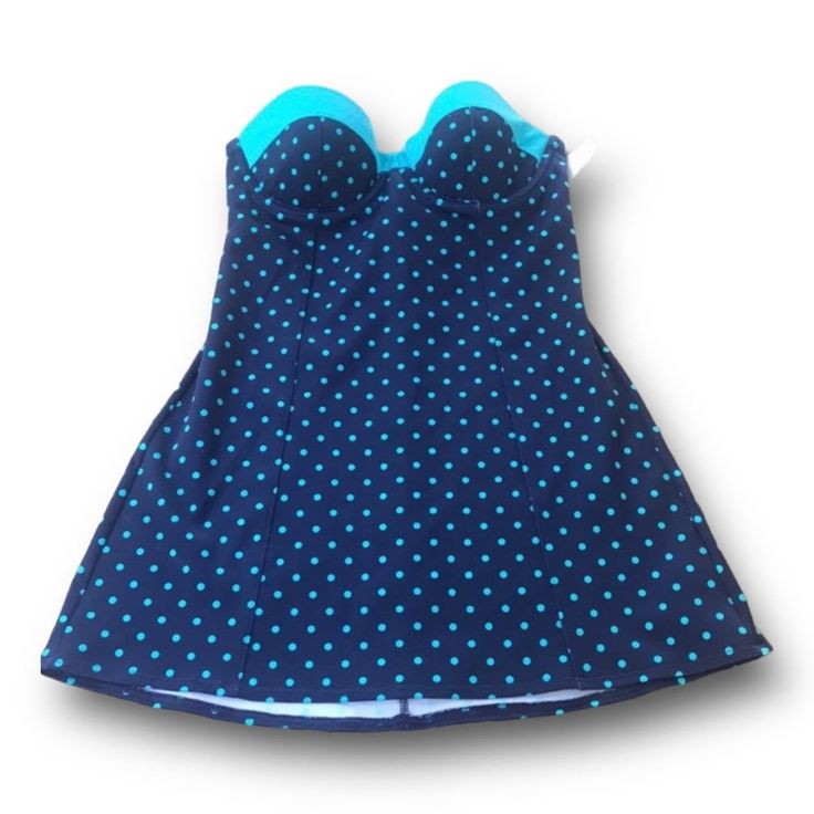 Spanx Retro Style Navy And Aqua Polkadot One Piece Swing Or A Line Skirt Swimsuit/No Bottoms. New Without Tags Removable Straps Some Wear On Top Only As Shown In Photos 5, 6, 7. Price Reflects. Retro Pin Up Style Poolside Fitted Polka Dot Tankini, Polka Dot Fitted Tankini For Poolside, Fitted Blue Sleeveless Tankini, Blue Sleeveless Lined Tankini, Fitted Turquoise Tankini, Navy And Turquoise, Polka Dot One Piece, Skirt Swimsuit, Retro Pin Up