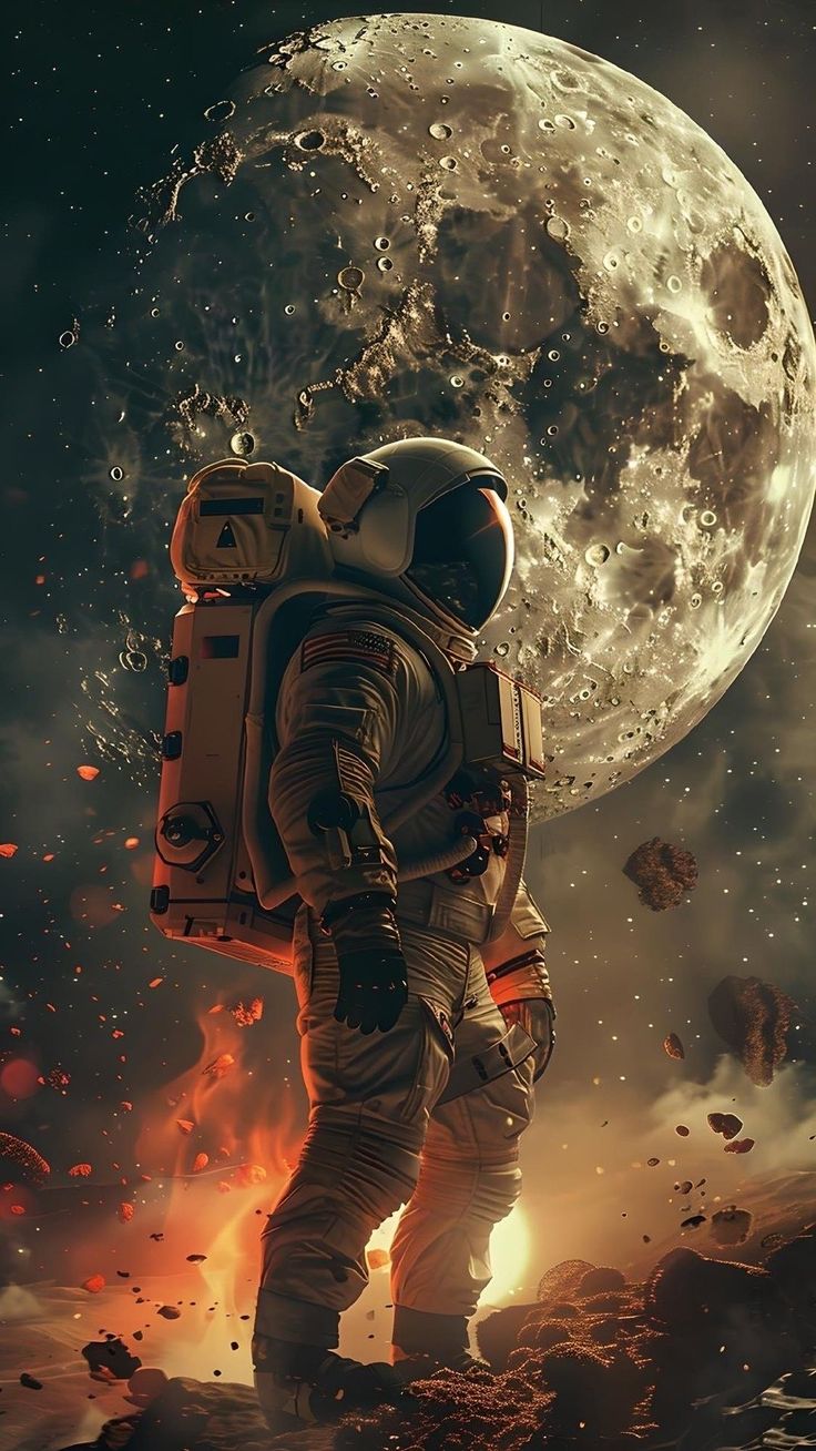 an astronaut standing in front of the moon