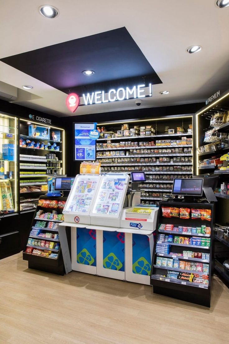 the store is stocked with products for customers to purchase and also has a welcome sign