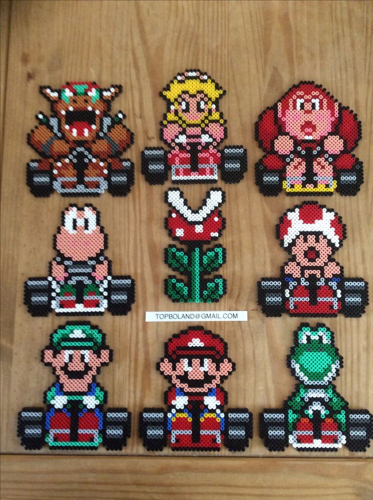 the mario kart characters are made out of perler beads