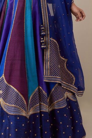 Multicolor colorblock attached cancan lehenga with aari, zari, sequin embroidery in mughal pattern. Paired with sleeve embroidered padded blouse and border embroidered dupatta. - Aza Fashions Fusion Style Festive Silk Lehenga, Festive Fusion Sets With Resham Embroidery, Festive Purple Sharara With Motifs, Fusion Style Choli With Zari Work For Festive Occasions, Fusion Style Festive Choli With Zari Work, Fusion Style Festive Choli With Cutdana, Fusion Style Festive Lehenga With Traditional Drape, Fusion Style Cutdana Choli For Festive Season, Fusion Style Lehenga With Traditional Drape For Diwali