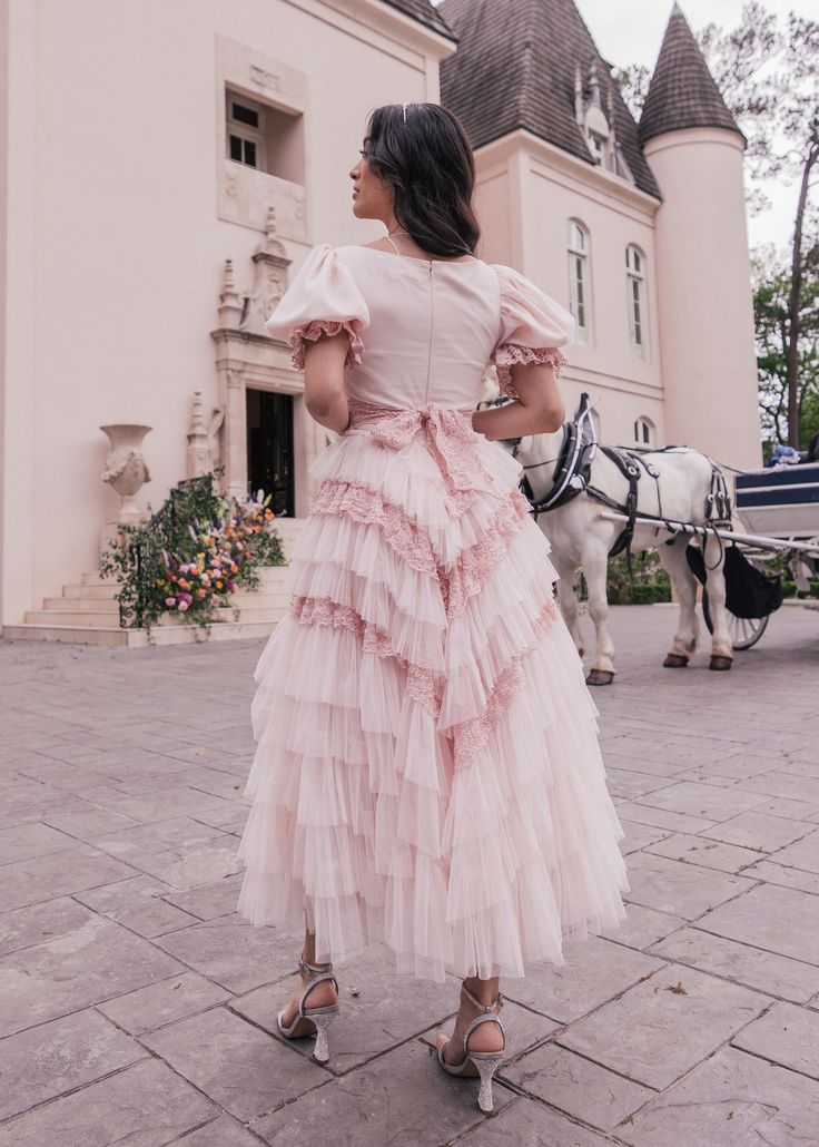 I Believe In Happy Endings We've got a feeling you're going to fall in love with this one. The soft pink lace detailing adds a touch of vintage charm, while the flattering ruffle A-line skirt creates a feminine and flattering shape. Wear it to a wedding or any special occasion and you'll feel confident and beautiful. Sweetheart neckline Elastic puff sleeves Ruffle A-line skirt Back zipper Fully lined For larger busts, consider sizing up Model Details Content + Care 100% Polyester Dry clean only Thumbelina Dress, Hermione Yule Ball Dress, Yule Ball Dress, Phenomenal Woman, Royal Dresses, Shape Wear, Most Beautiful Dresses, Romantic Bride, High Quality Dress