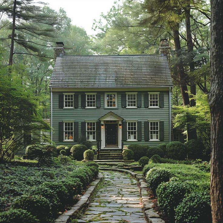 a green house surrounded by trees and shrubbery in the middle of a stone path