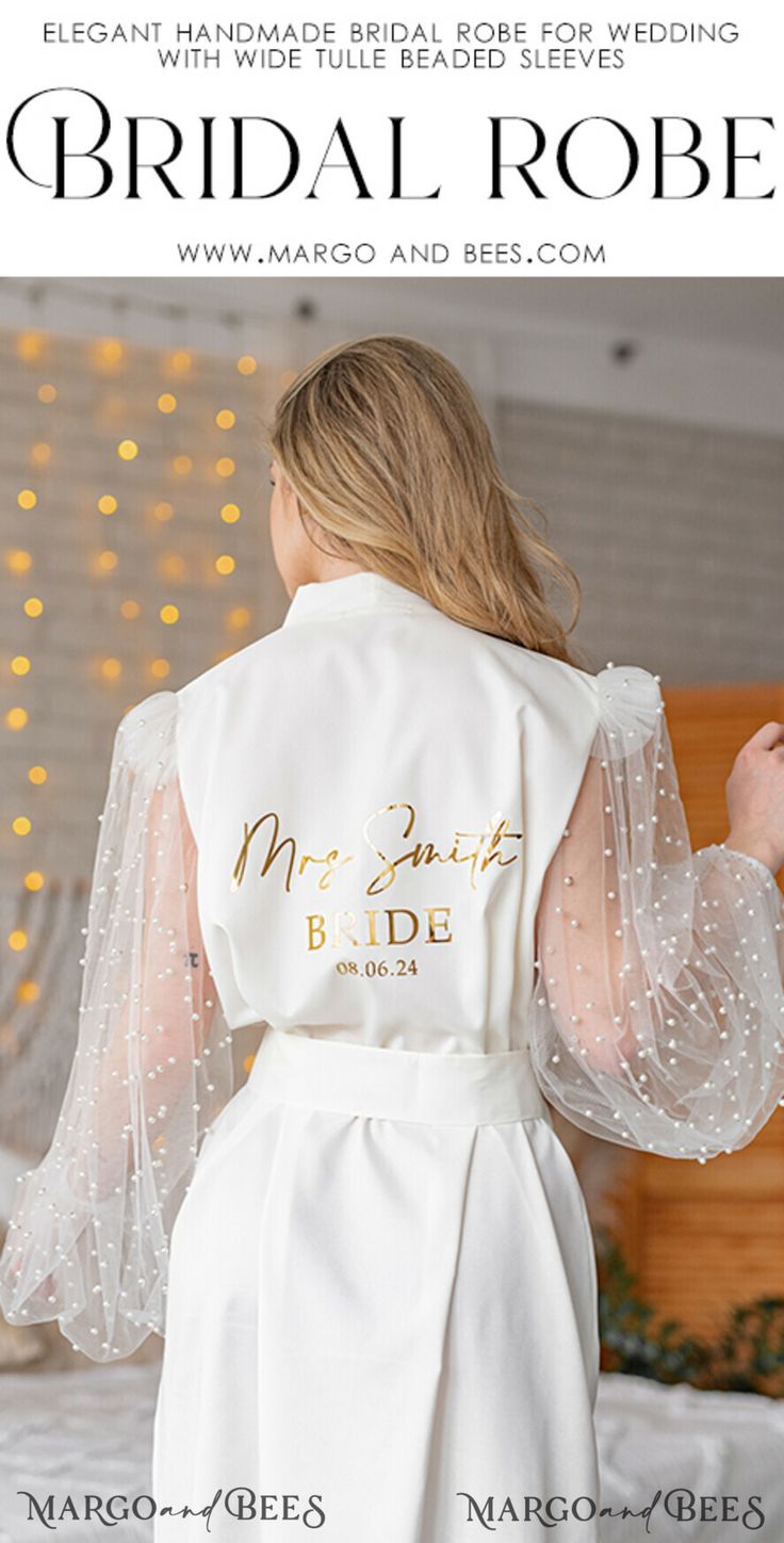 the back of a bridal robe with beaded sleeves