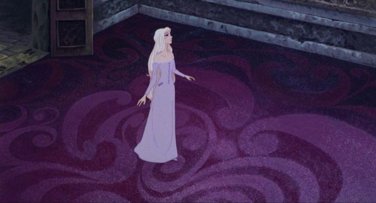 an animated image of a woman in a white dress standing on a purple carpet with swirls