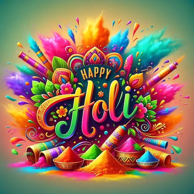 happy holi poster with colorful powders and confetti