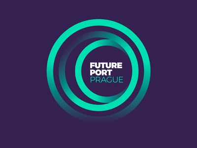 the future port prague logo on a purple and blue background with an abstract circular design