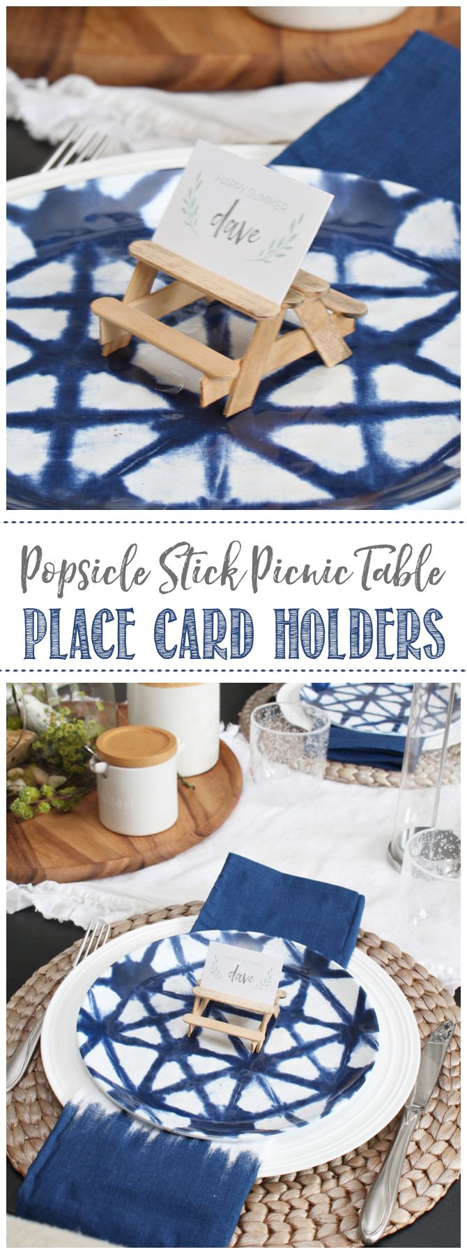 blue and white place cards with wooden holders on them, sitting on a wicker tray