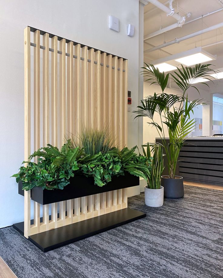 two planters with plants in them are on the floor next to a wall divider