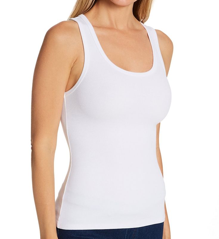 Relax in style in this cute tank with a sporty racerback and a sleek, allover ribbing. Made from Supima cotton and spandex. PJ Harlow's Bra:30 style is designed for comfortable lounging and light support even without a bra. Vertically ribbed body. Scoop neckline. Wide straps with soft binding at the arm openings for comfort. Cool racerback styling. Fitted. Hip length hem. Pullover styling. Made in the USA. Bra:30 Women's Bra30 Hip Tank Top in Optic White (HIPSTER) | Size XL | HerRoom.com Tummy Tucker, Cute Tank Tops, Supima Cotton, Aesthetic Vintage, Relaxed Style, Scoop Neckline, Racerback Tank, Pullover Styling, Basic Tank Top