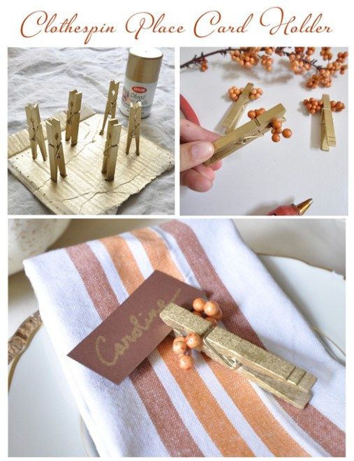 the instructions for making clothespin place card holders are shown in three different pictures, one is gold and the other is brown