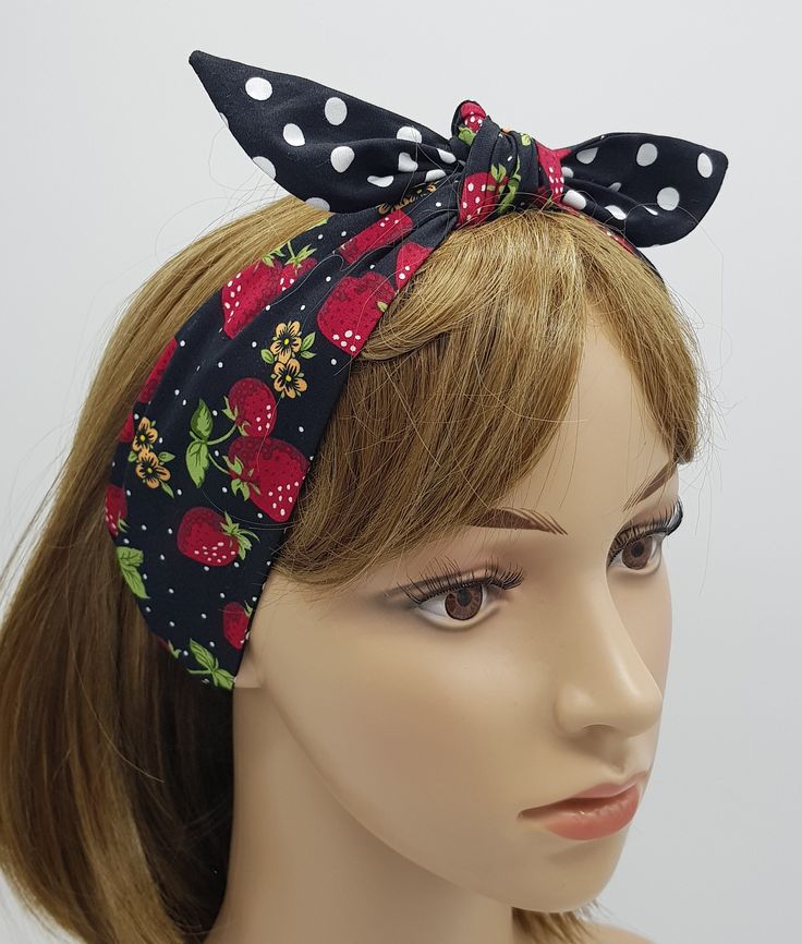 "Reversible headband, pin up style hair scarf, cotton hair bandanna, self tie head scarf, lightweight summer hair tie. This rockabilly headband is made from printed 100% cotton fabric. The headband is NOT WIRED, NOT STRETCHY, UNTIED. This headband is untied, simply tie with a double knot. It can be easily wrapped around the head and tied into a knot. Also can be worn as a neck scarf or tied into a bow on a ponytail. The size of headband is approx. 94 x 7.5 cm ( 37\" x 3\" ). Hand wash, cold wash Retro Adjustable Bandana For Summer, Style Hair Scarf, Tie Head Scarf, Blue Headscarf, Head Scarf Tying, Summer Headbands, Cotton Hair, Wig Hat, Double Knot