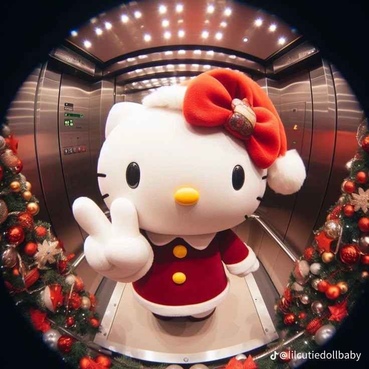 a hello kitty doll is standing in front of a christmas wreath with lights on it