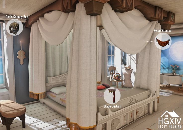 an animated bedroom with four poster bed and curtains on the window sill above it