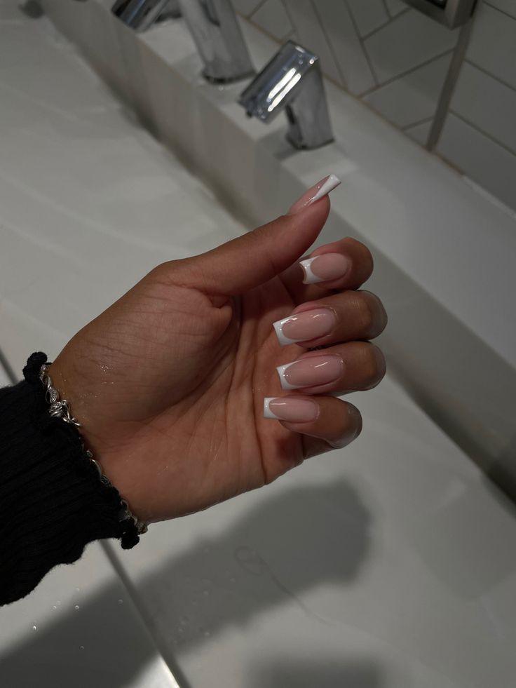 Medium Deep French Nails, Simple French Tip Nails Medium, Medium Length Coffin French Tips, Mid French Tip Nails, Regular French Nails, White French Tip Ballerina Nails, Medium Square Nails French Tips, Narrow Square French Tip Nails, Short Length French Tip Nails