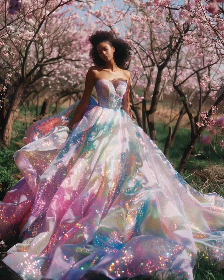 Vibrant Wedding Dress, Unique Wedding Dresses Different Colour, Iridescent Dress Evening Gowns, Holographic Gown, Iridescent Wedding Dress, Iridescent Wedding, Iridescent Fashion, Rainbow Wedding Dress, Fantasy Ball