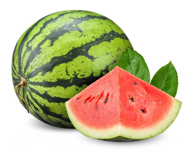 a watermelon cut in half next to a piece of green leafy fruit